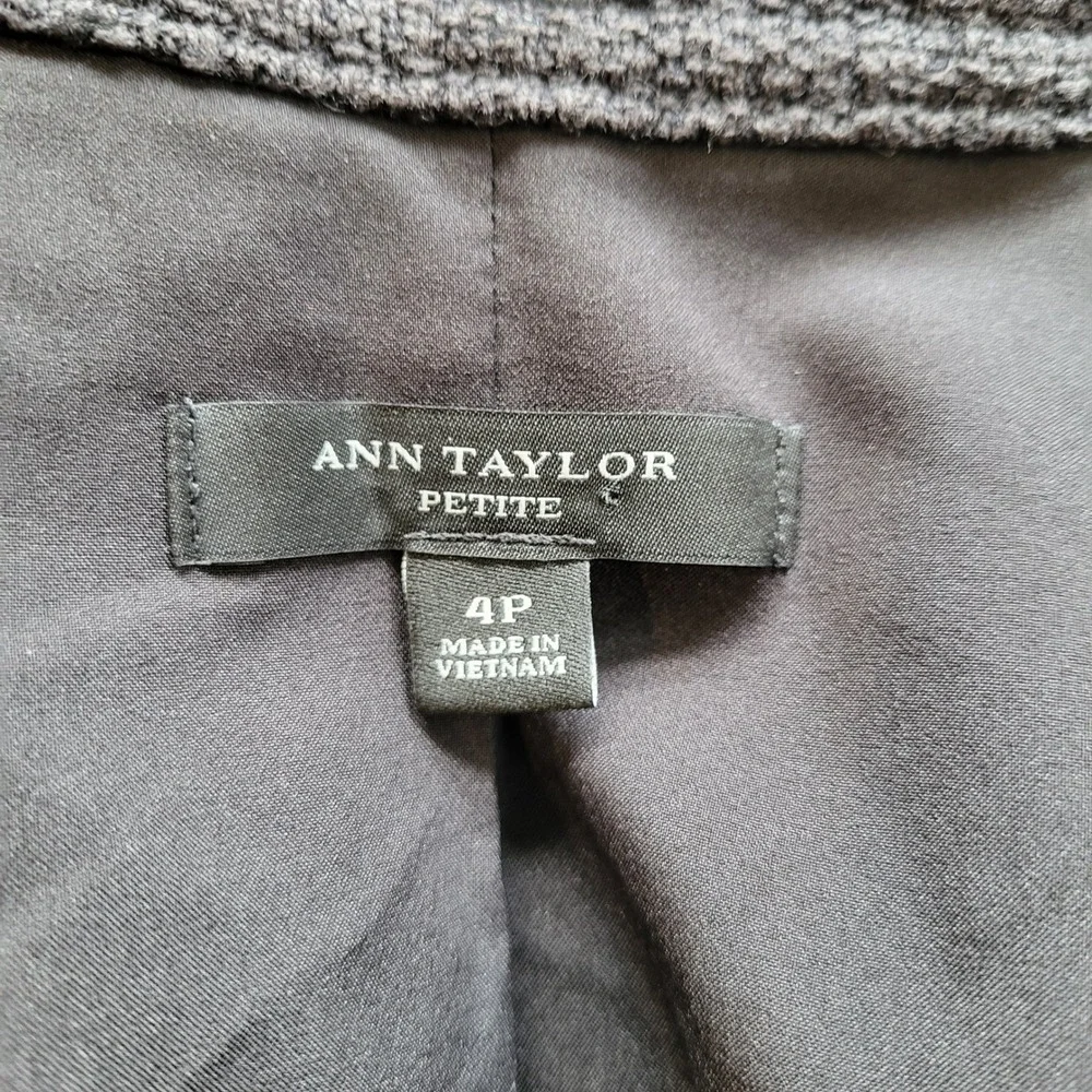 Ann Taylor Petite Moto Jacket Textured Tweed Gold Zip Charcoal Black 4P